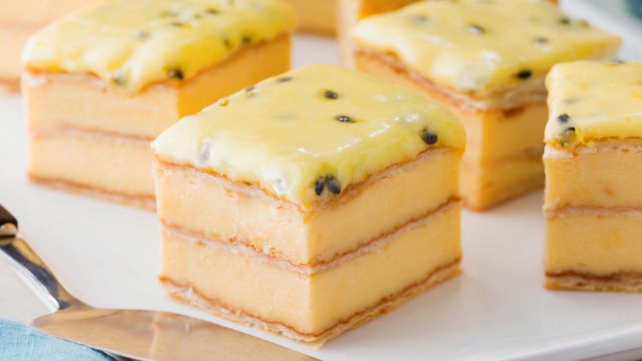 Vanilla Slice with Passionfruit icing Pampas